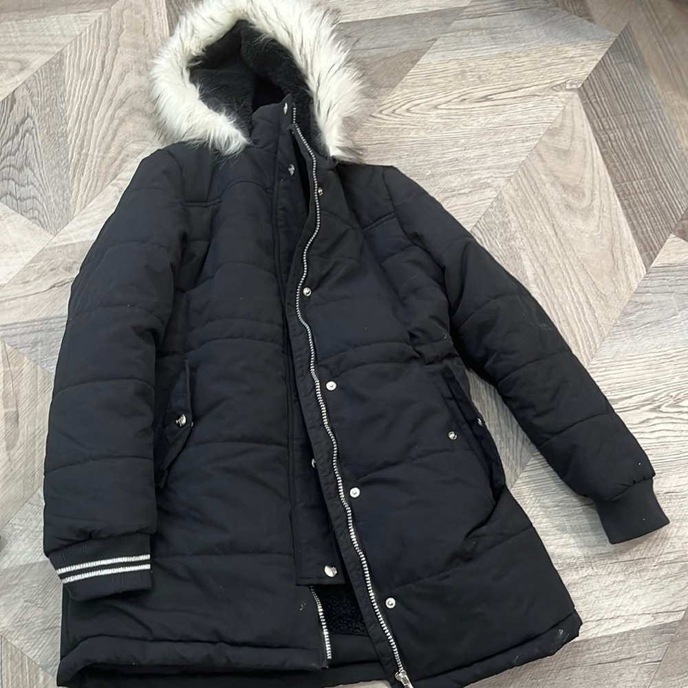 Black snow jacket with white hood, for girls 10-12 size small.